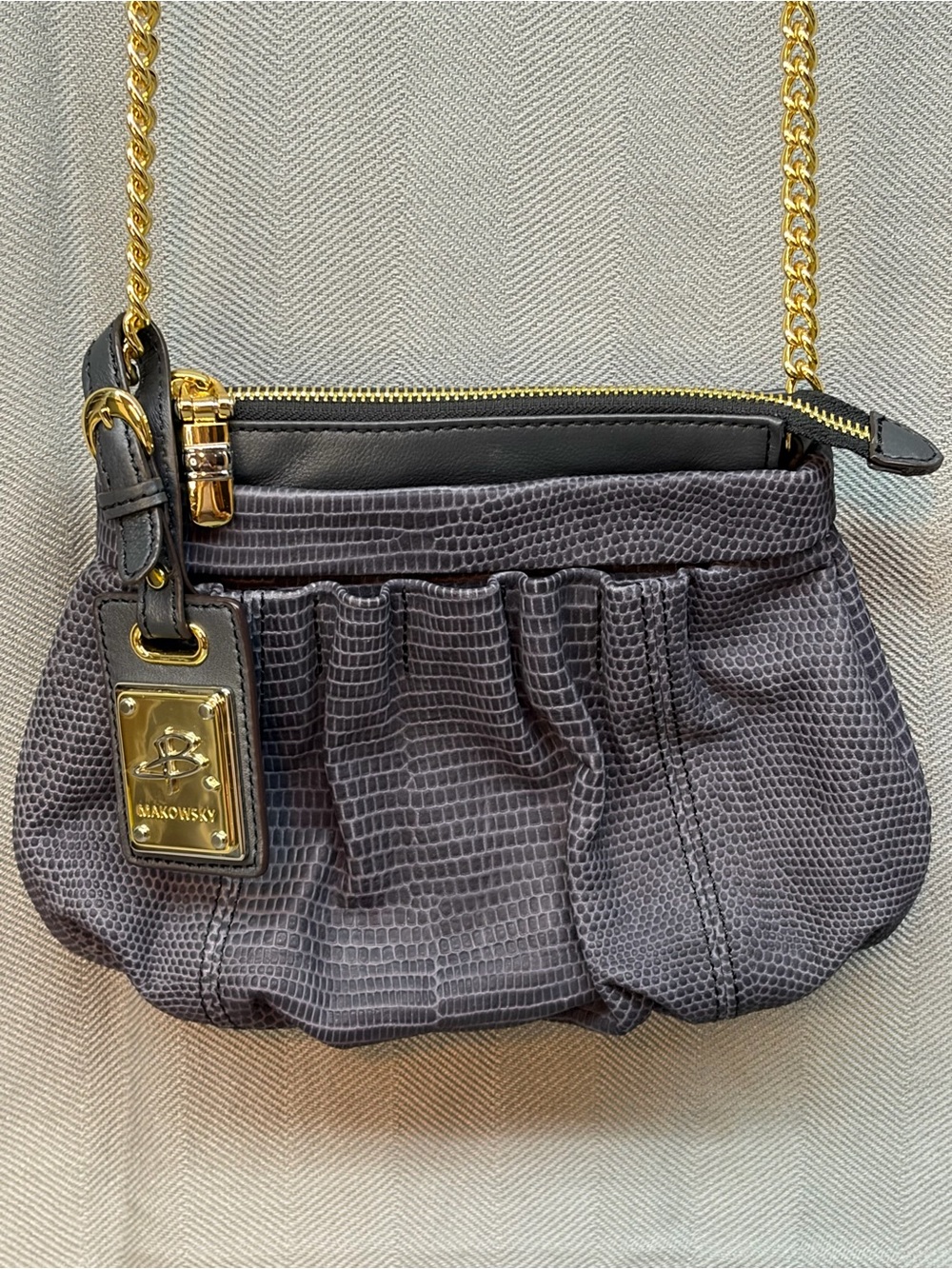 B Makowsky leather Crossbody purse with logo charm, gold chain accent blue